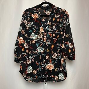 BCX Womenʻs Black Floral Split Neck Button Down 3/4 Sleeve Blouse L
